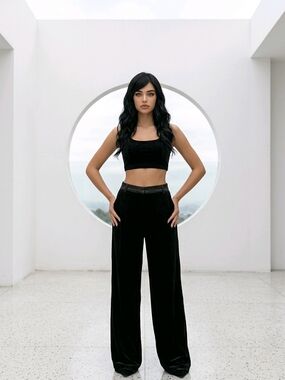 NWT LBV Women's High-Waisted Casual Zippered Wide-Leg Velvet Pants SZ 6